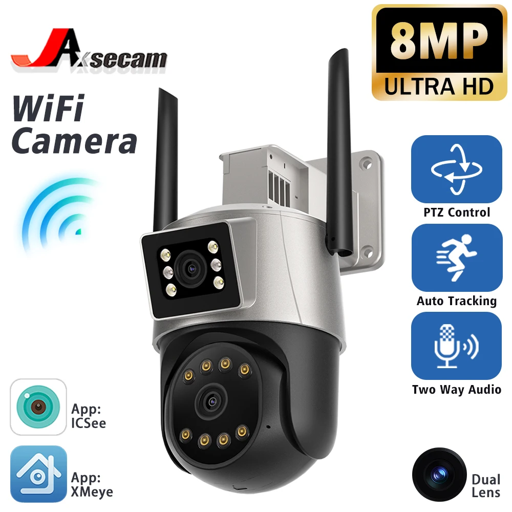 8MP 4K  WIFI Camera Outdoor Dual Screen Dual Lens PTZ IP Camera Color Night Vision CCTV Surveillance Camera Auto Tracking ICSEE