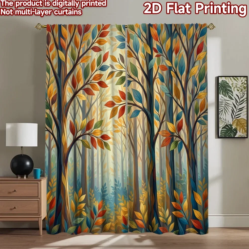 Tropical Forest Print Curtains 2pcs Boho Leaf Tree Pattern Drapes for Window Decor Living Room Boho Botanical Woodland Home Deco