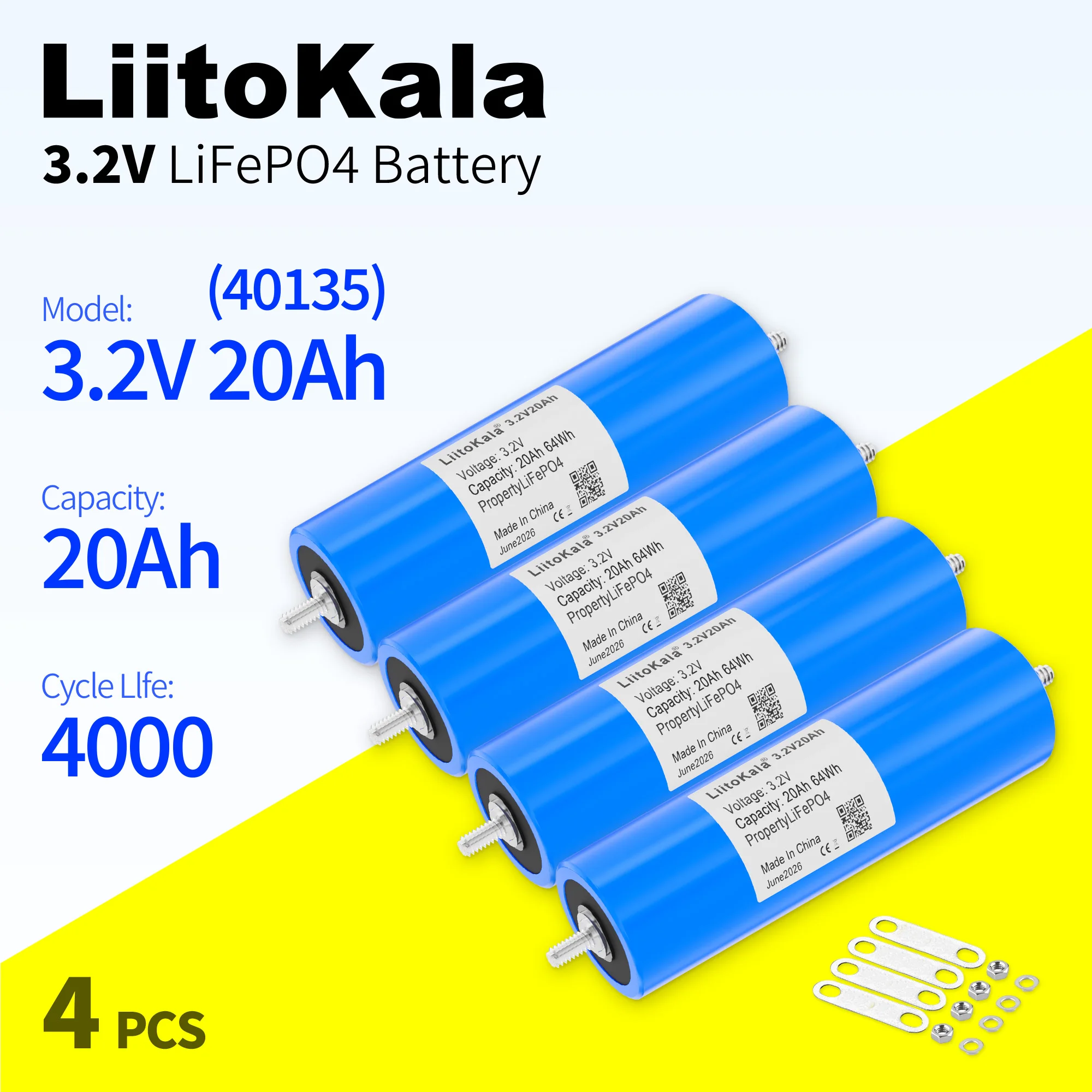 LiitoKala 3,2V LiFePO4 Lithium-Eisenphosphat-Zelle, Batterie der Klasse A für Solar-DIY-Packs