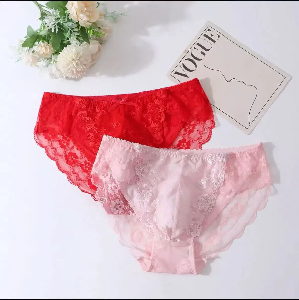 الأحمر الوردي سيسي الدانتيل رجل القوس ملخصات عبر خلع الملابس زهرة التطريز الحقيبة سراويل DJ نادي حفلة خاصة BF مثير ازياء