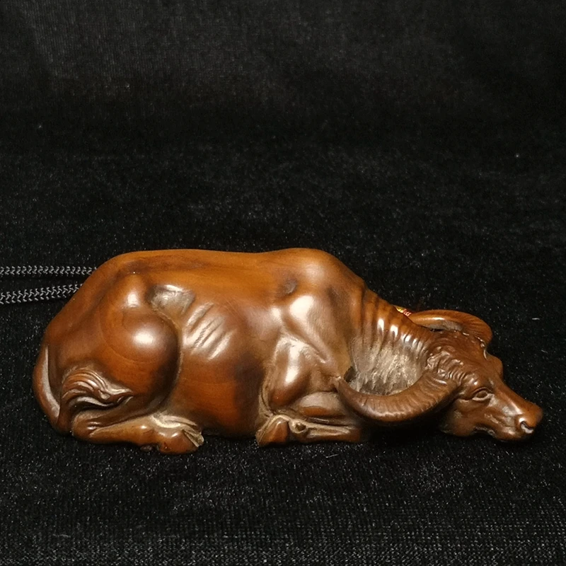 YIZHU CULTUER ART L 10 CM Chinese boxwood hand carved buffalo Bull figurine statue decoration Gift