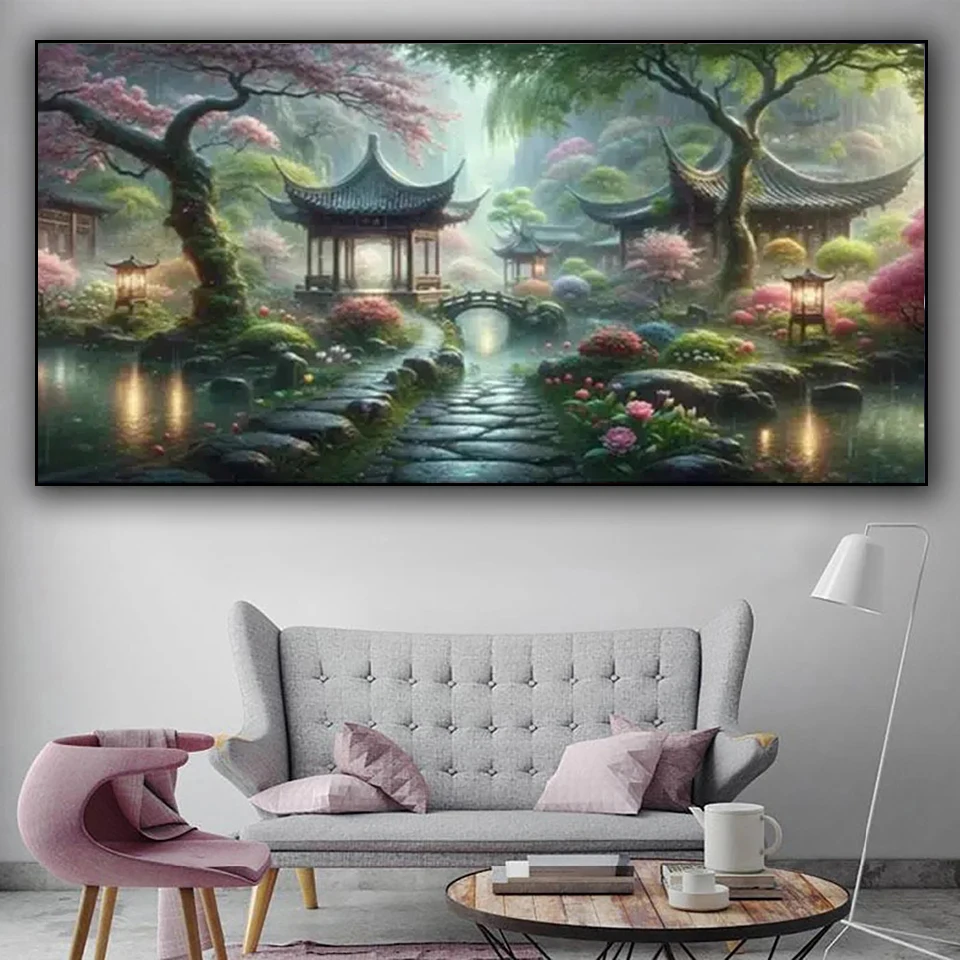 Pintura de diamantes del pabellón del parque, paisaje de bosque de gran tamaño, bordado de mosaico completo Diy, imagen de paisaje, decoración de pared, nueva llegada