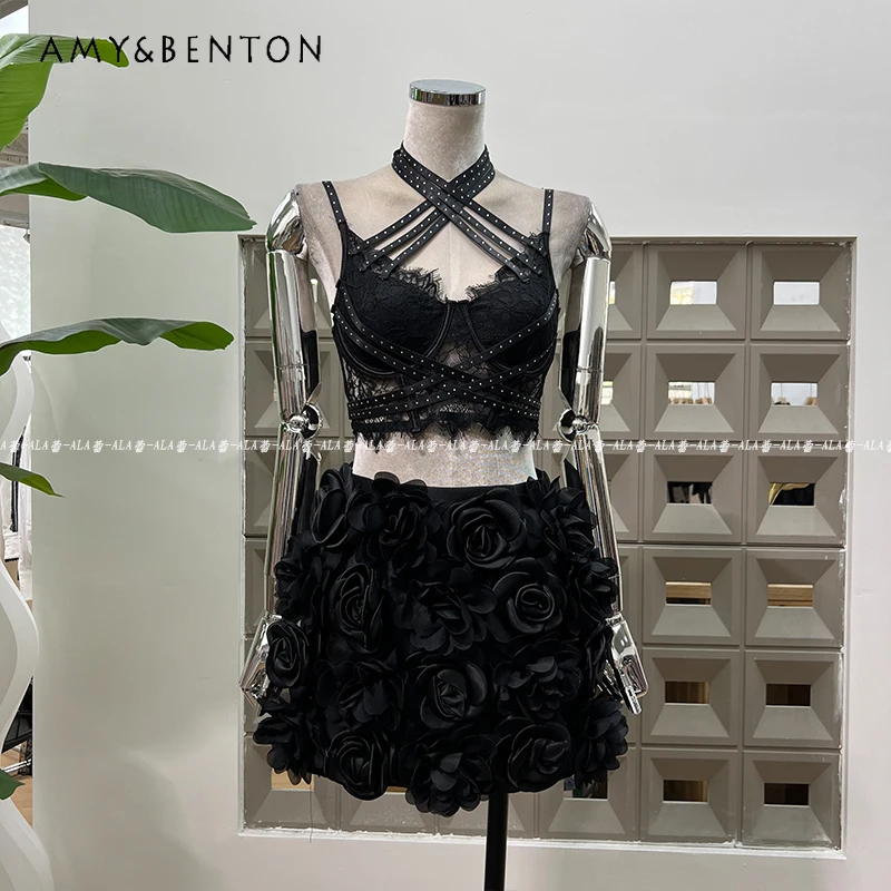 

Punk Sexy Dark Unique Cross Halter Lace Women's Sling Original Design 2025 Summer New Black Sweet Cool Short Skirts Set Ladies