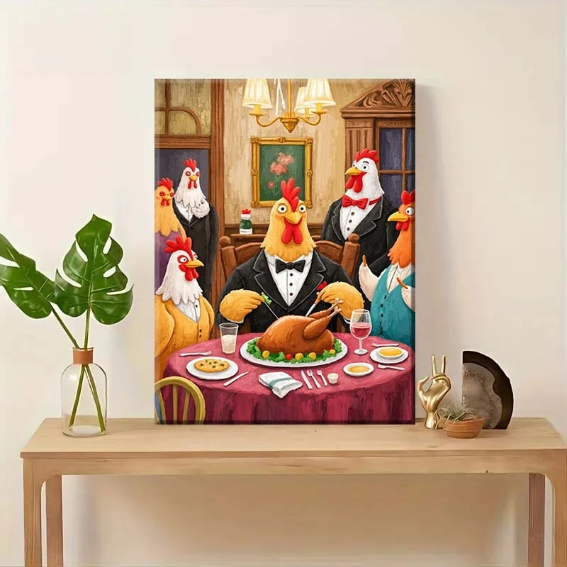 

DIY digital oil painting chicken dinner party, cartoon illustration style home wall decoration