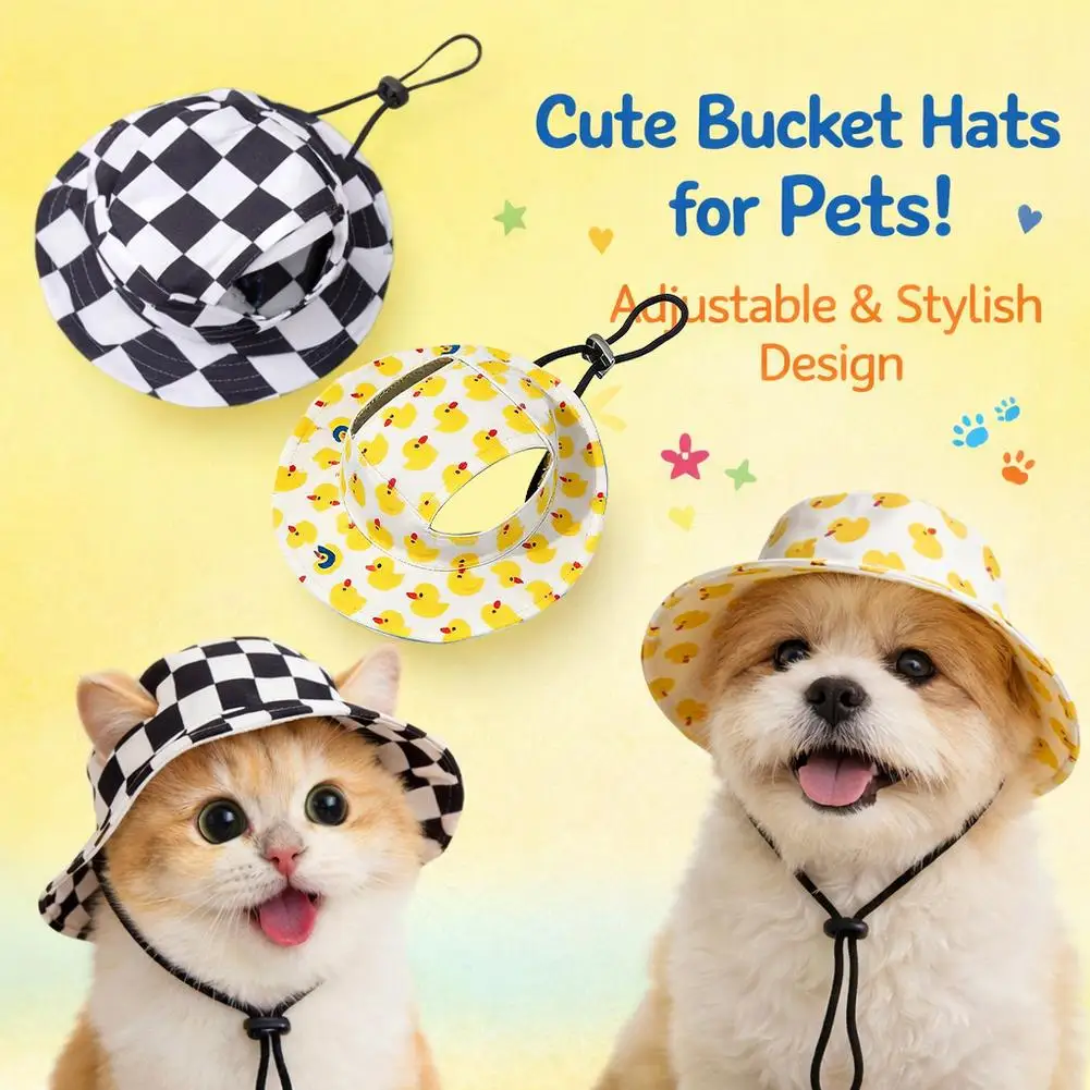 Cute Cat Bucket Hats With Ear Holes Adjustable Pet Sun Hat Cartoon Dog Fisherman Cap Summer Sun Protection For Hiking Travel