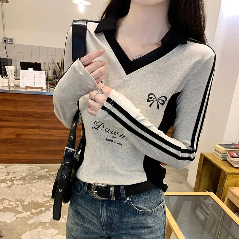 Women Patchwork T Shirt Korean Vintage Casual All Match Slim Long Sleeve Tees Female Fall New Letter Embroidery Striped Top