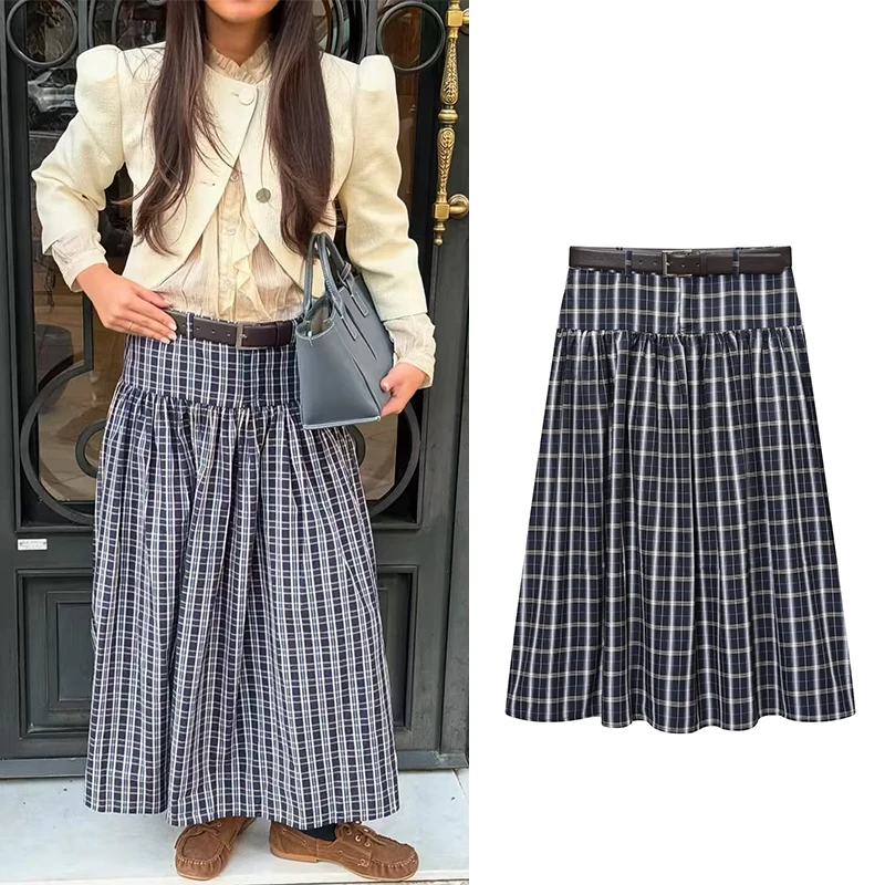 

Женская длинная юбка в клетку с принтом, модная юбка-миди с поясом, женские винтажные юбки со средней талией