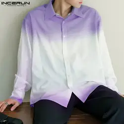 INCERUN Tops 2024 Korean Style Fashion Men's Gradient Color Design Shirts Casual Streetwear Male Lapel Long Sleeved Blouse S-5XL