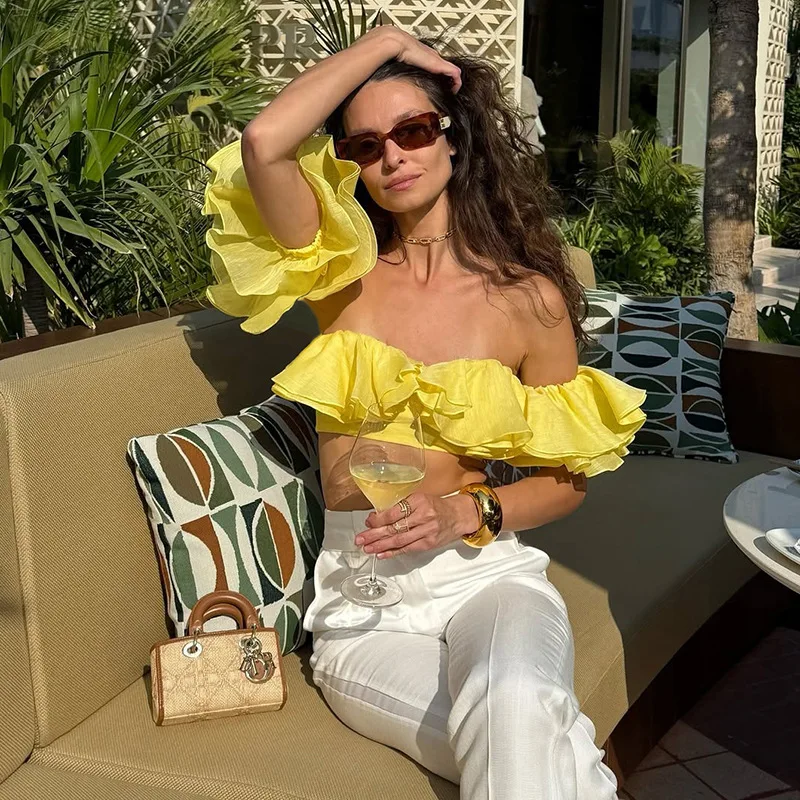 Sexy Ruffle Halter Tops Fashion Chic Elegant Shirts Streetswear Summer Women Bandage Solid Pleated Off Shoulder Tops