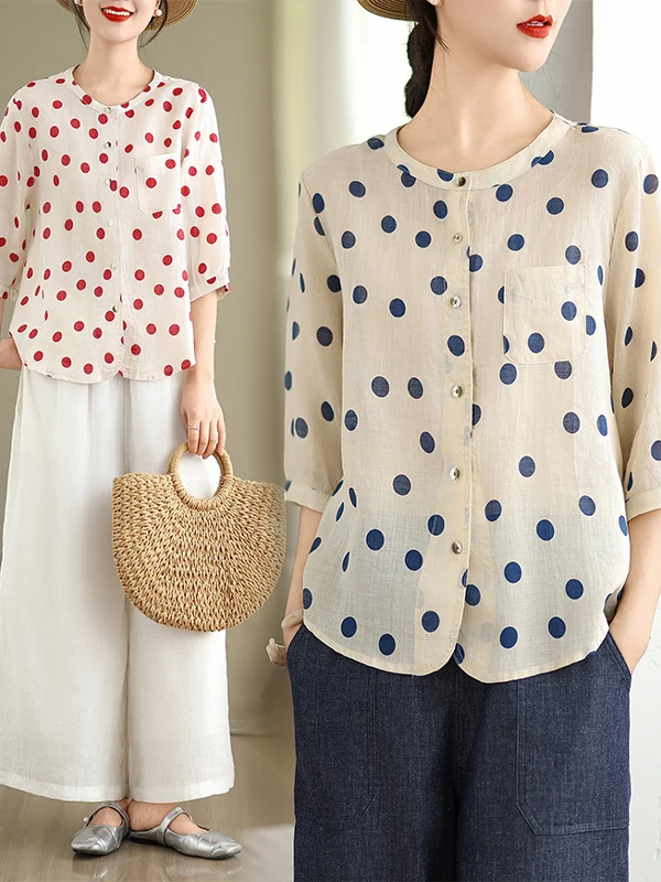 Décontracté ample lin irt femmes été nouveau Sle ort Sve à pois ouvert Cardigan Faion artistique couleur Blo Blouse