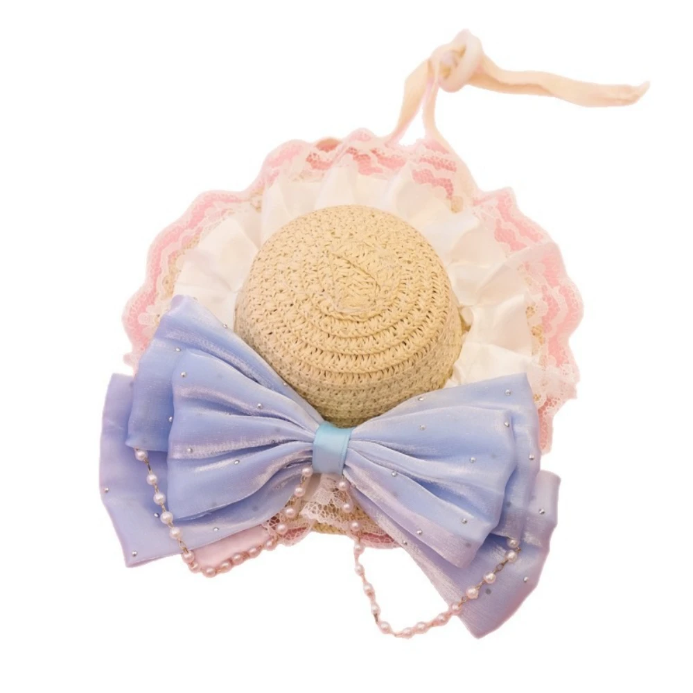 Sombrero de paja ajustable para gatos y perros pequeños con lazo perlas - imagen 5