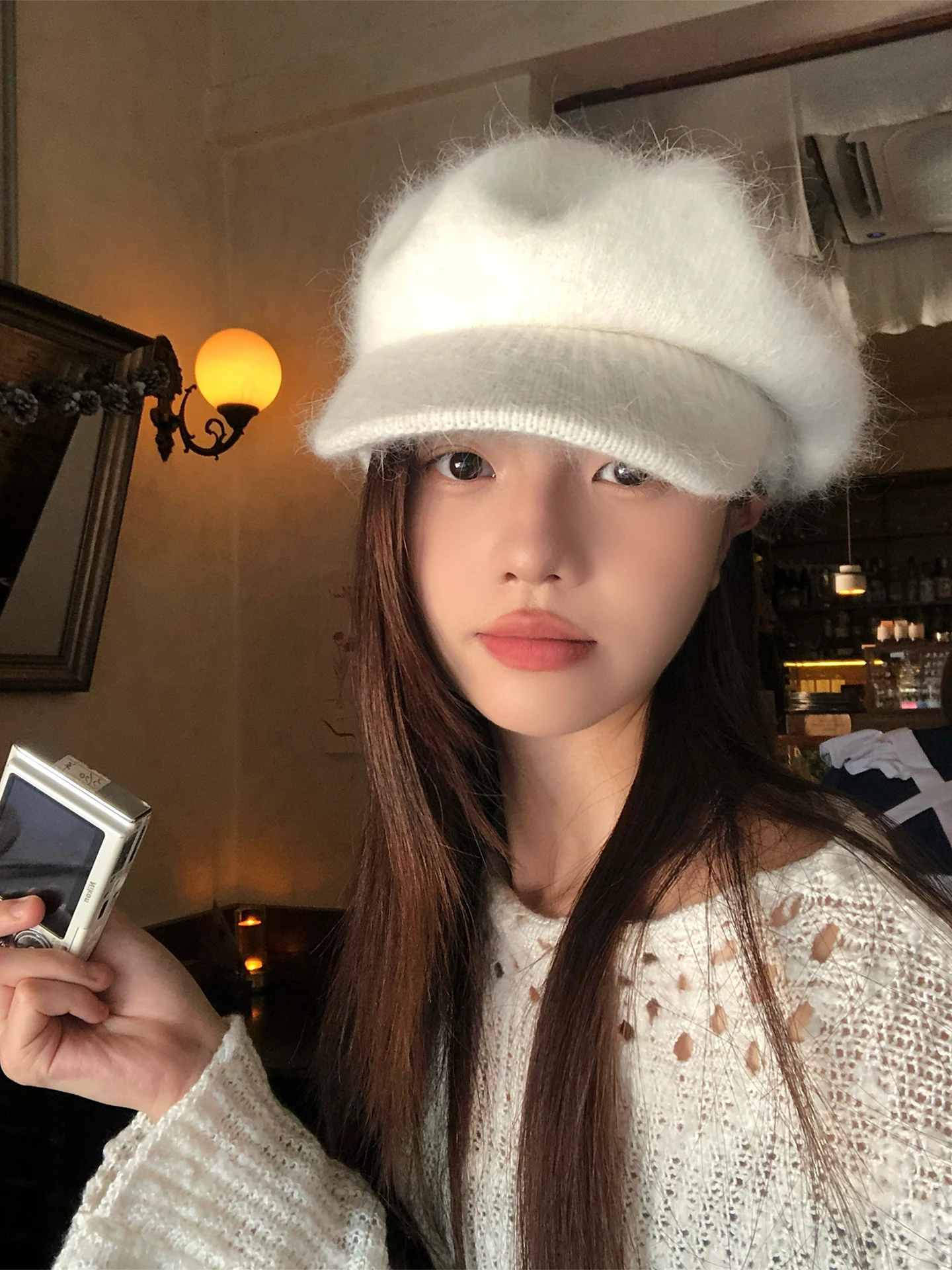 Warm Faux Rabbit Fur Knitted Beret Hat Women's Autumn Winter Fashion Small Duckbill Cap round Top Eight Corner Hat Korean Style