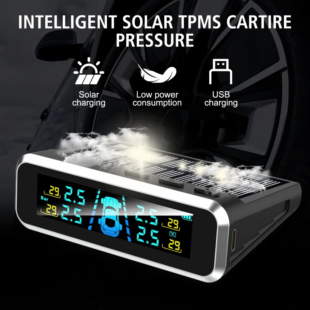 

Digital LCD Display Auto Security Alarm Systems 4 Exteral Sensors Car Tire Pressure Monitoring System USB / Solar TPMS 0-6.0Bar
