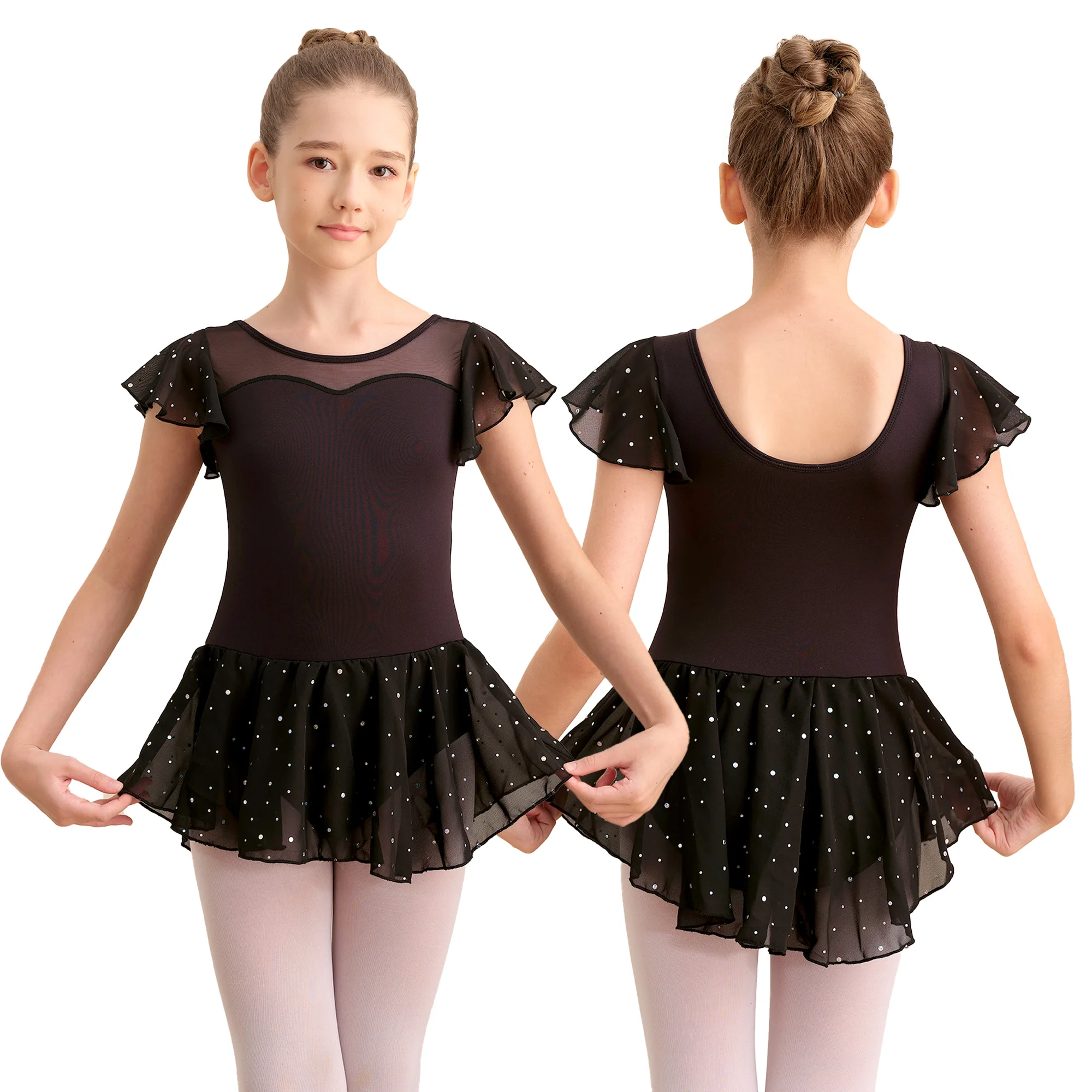 Ballet maillots voor meisjes Fladdermouwen dans maillots met rok Kinderen glanzende pailletten balletjurk - afbeelding 2