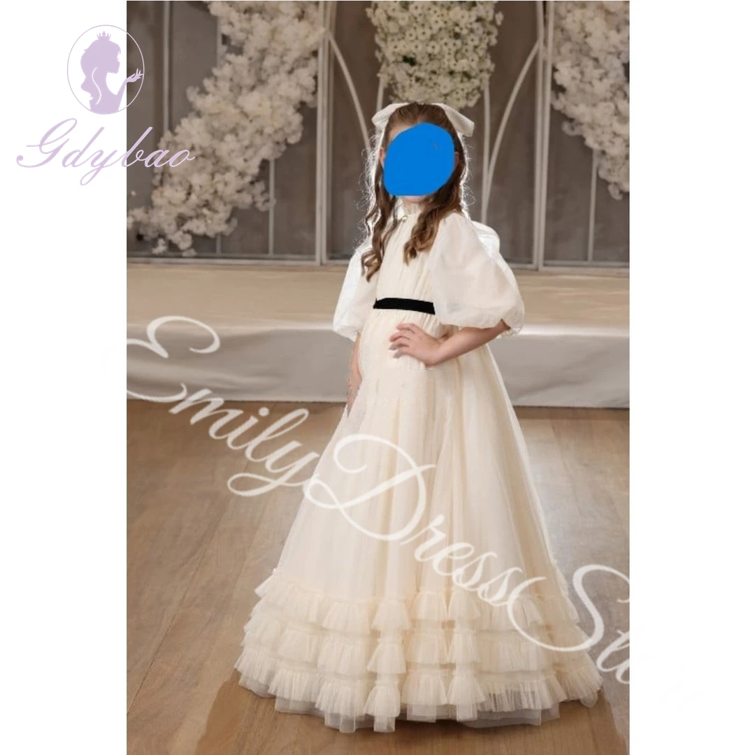 Customized Flower Girl Dress For Wedding High Waist Neck Half Sleeves Puffy Tulle Pleated Kids Birthday First Communion Gowns