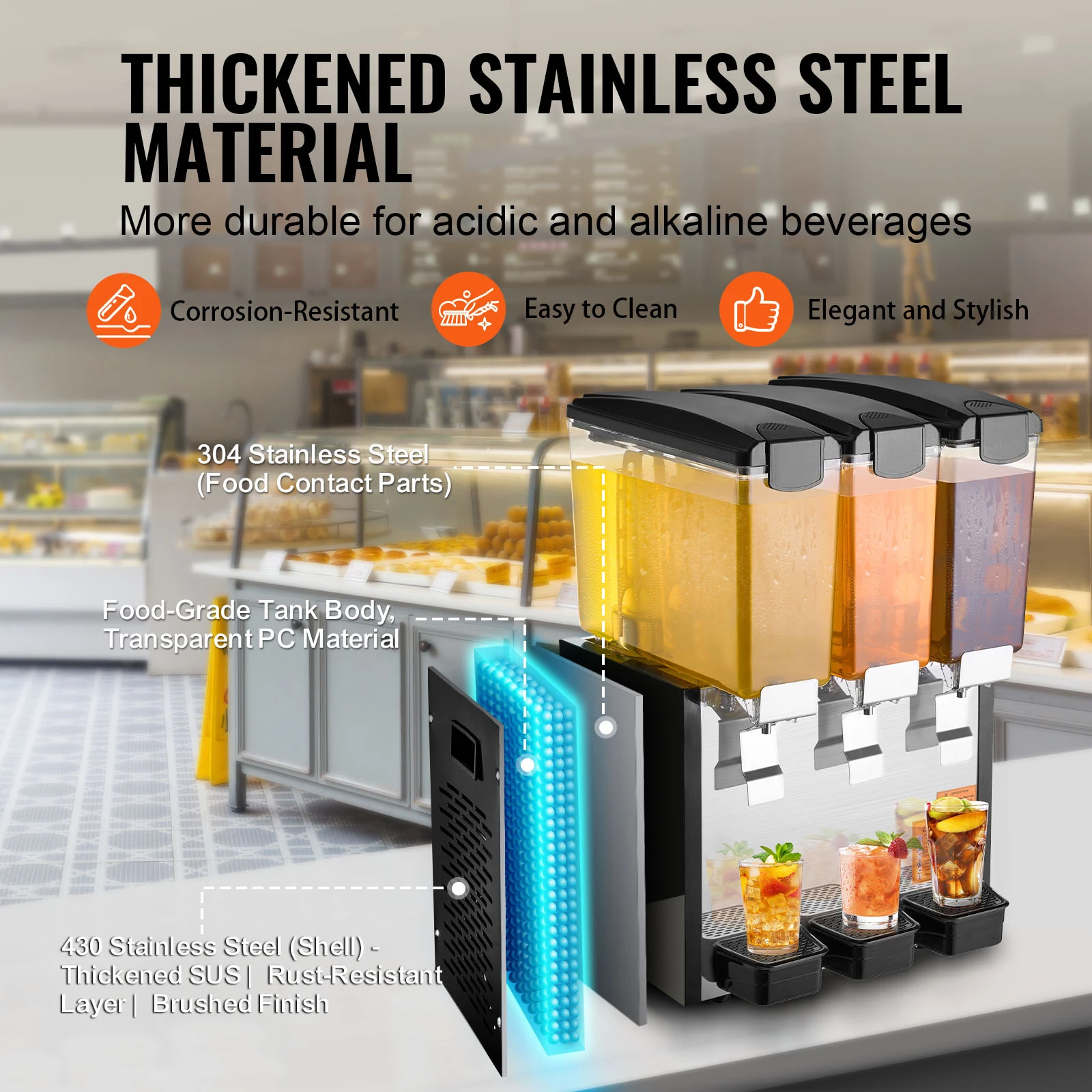 SucceBuy 3 Tanks Commercial Beverage Dispenser 10L/18L Per Tank Juice Dispenser Stainless Steel Ice Tea Drink Machine for Drink