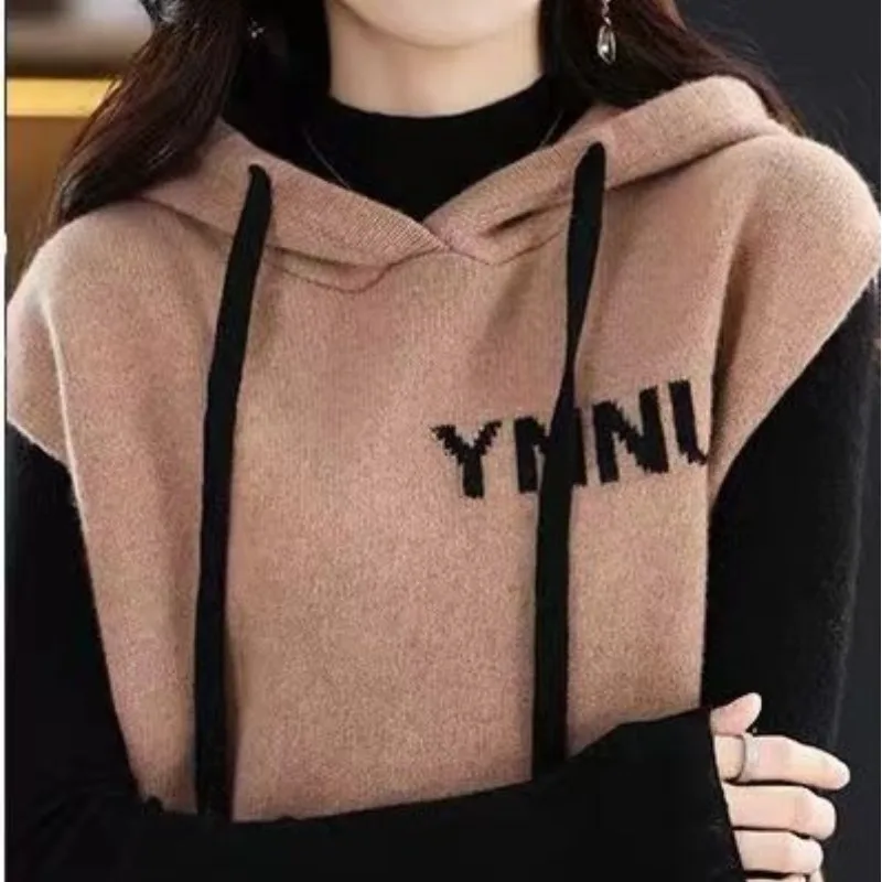 2023 Autumn and Winter Women\'s Hooded Patchwork Drawstring Solid Color Loose Fashion Casual Elegant Sleeveless Vest Sweaters