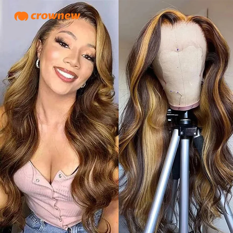 Highlight Brown Body Wave Human Hair Wigs 13X4 Hd Lace Humain Hair Wig Pre Plucked Honey Blonde Colored Cheap Wigs 100% Hair Wig