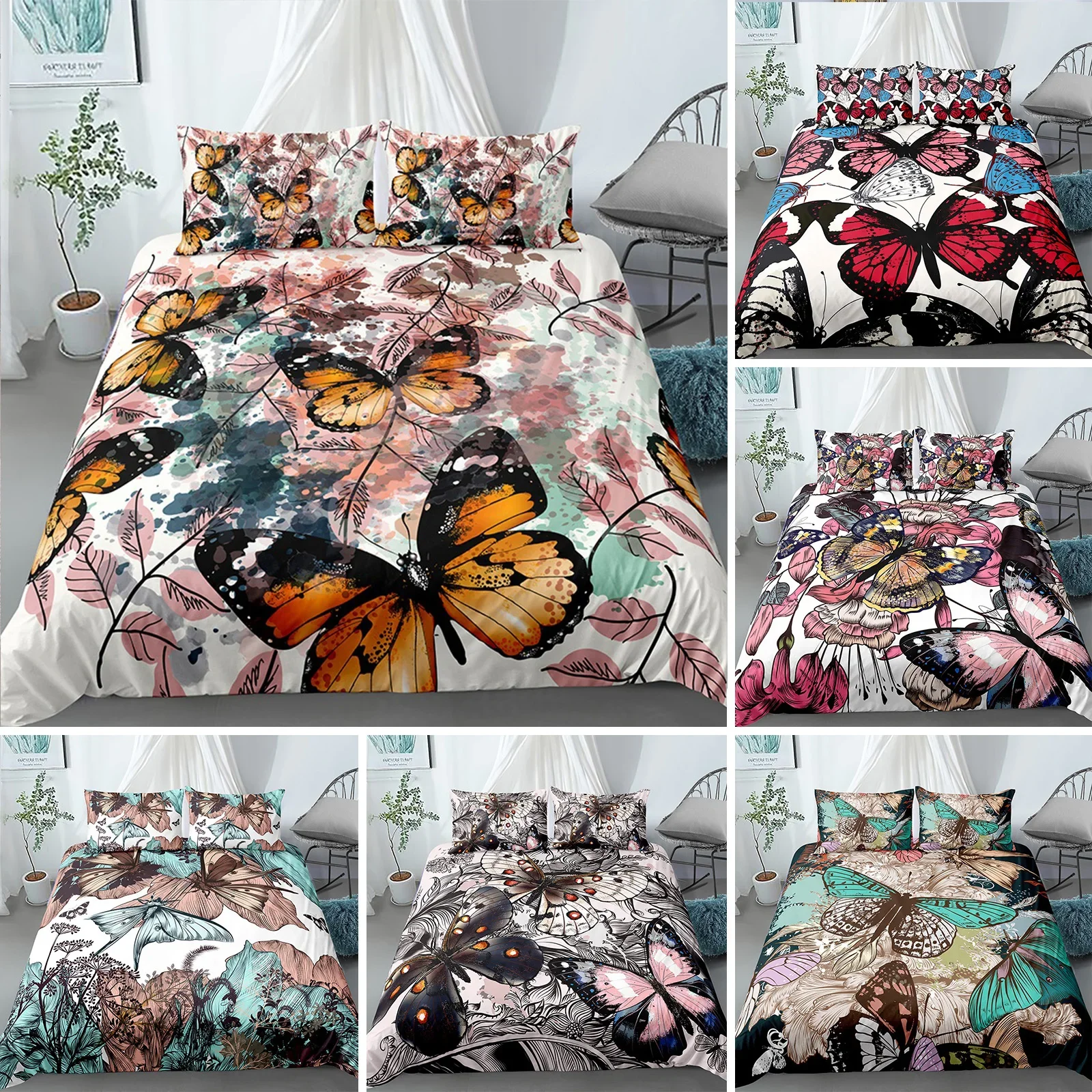 

Butterfly Bedding Set,Butterfly Duvet Cover Set Queen Size,Blue Red Butterflies Printed Comforter Cover Set for Girls Kids Teens