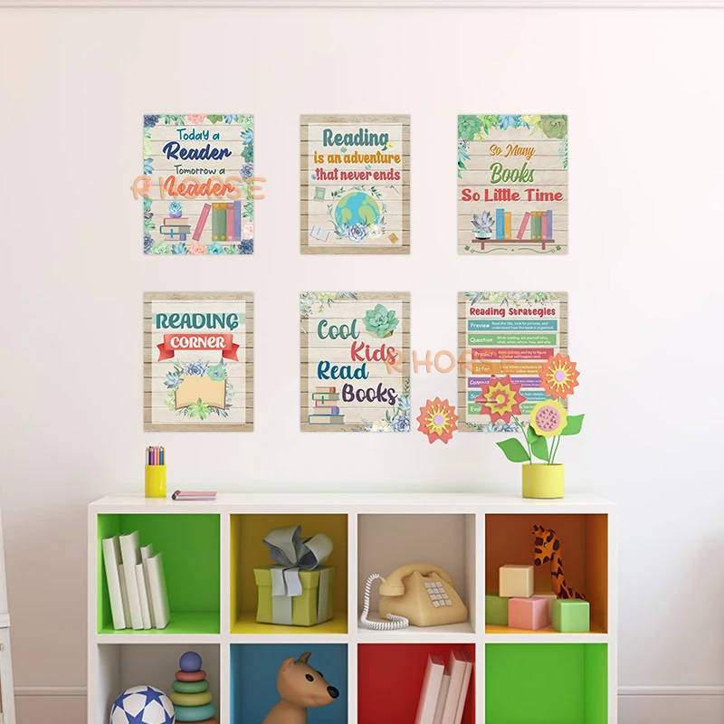 Pósteres de lectura de 6 piezas para decoración de pared, carteles de tablón de anuncios para la escuela, la escuela y la biblioteca, educación primaria para niños