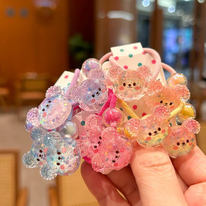 2PCS New Lovely Beaded Cute Bear Girls Elastic Hair Bands Kids Princess Hair Accessories Children Hair Ties Baby Headwear