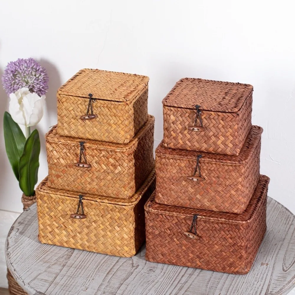 Eco-Friendly Sea Grass Wicker Shelf Baskets Weaving with Lid Storage Bins Rectangular Handwoven Storage Box Home Organizer