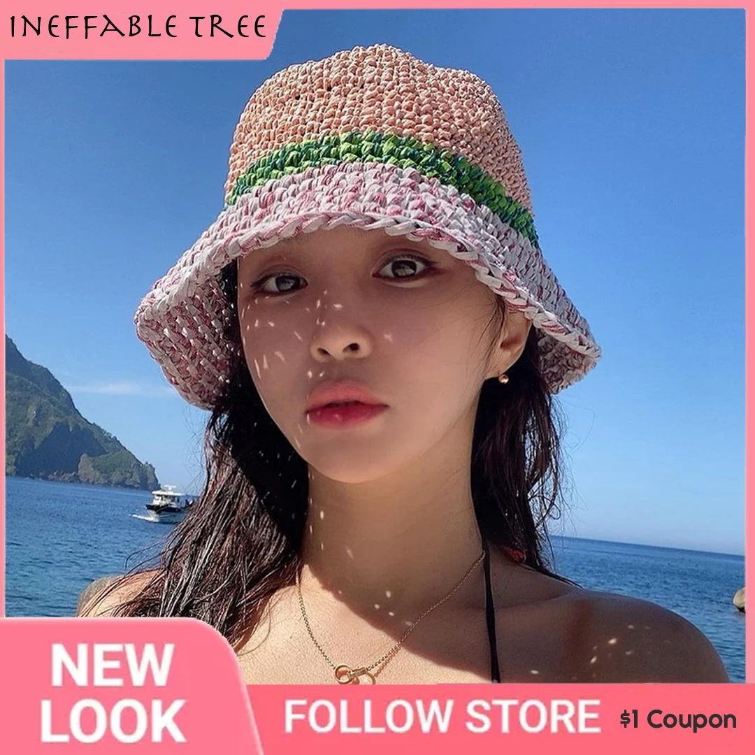 

Korea Women Knitted Bucket Hats For Women 2022 Handmade Crochet Color Matching Fisherman Caps Summer Beach Sunscreen Sun Hat