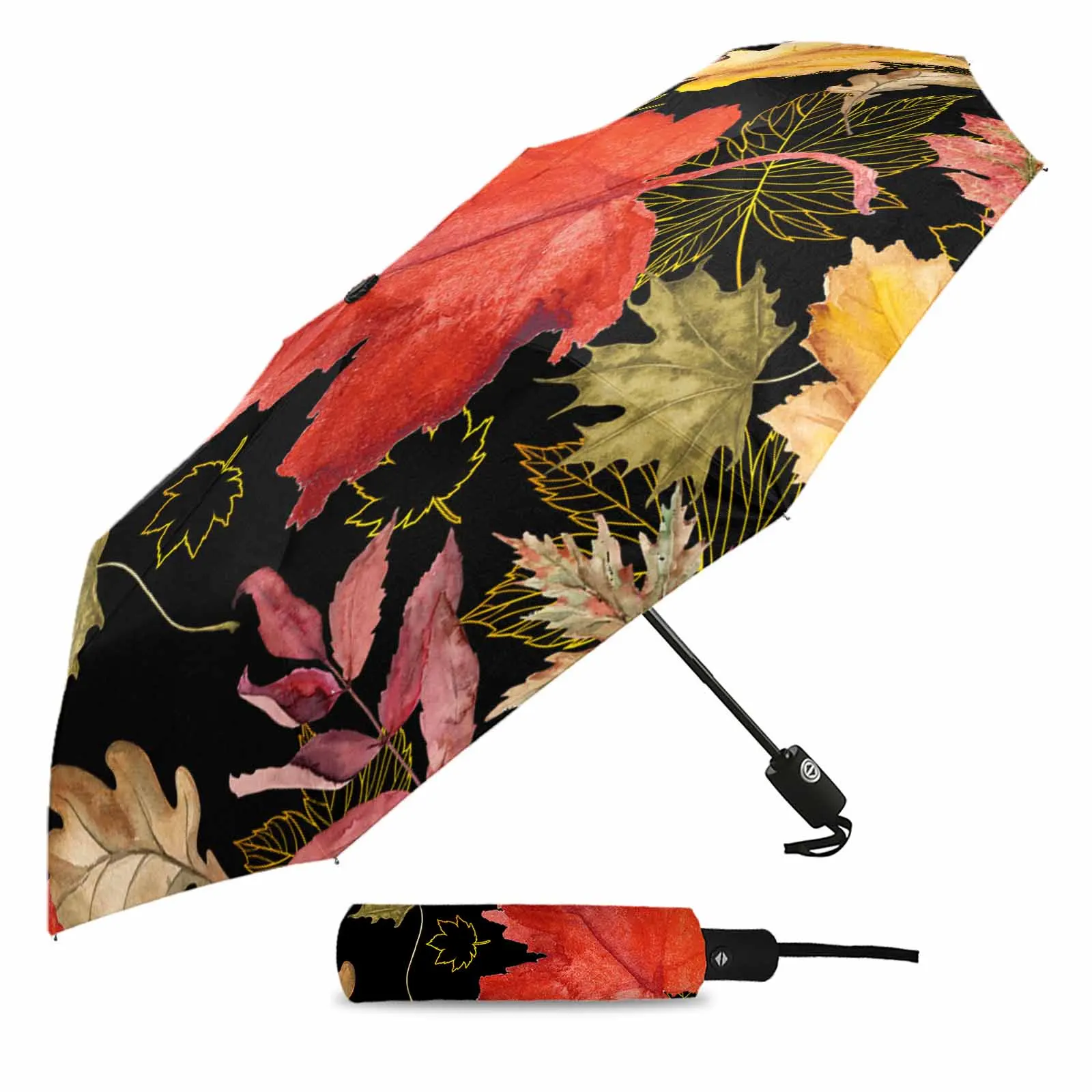 Autumn Maple Leaf Line Texture Black Outdoor Fully-automatic Folding Eight Strands Umbrellas for Kids Printed Umbrella