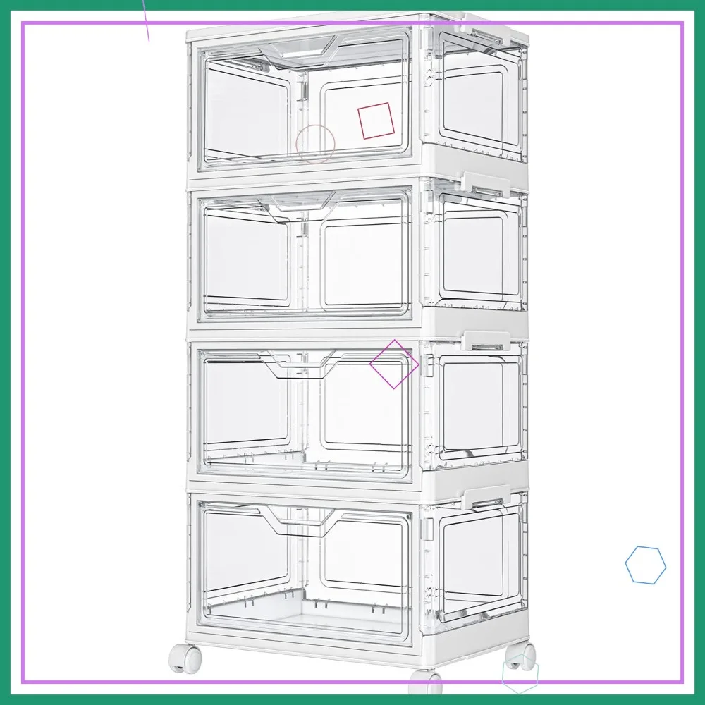 

4-Tier Stackable Storage Bins with Wheels & Magnetic Doors, Foldable Plastic Organizer for Bedroom, Living Room, Toy Storage