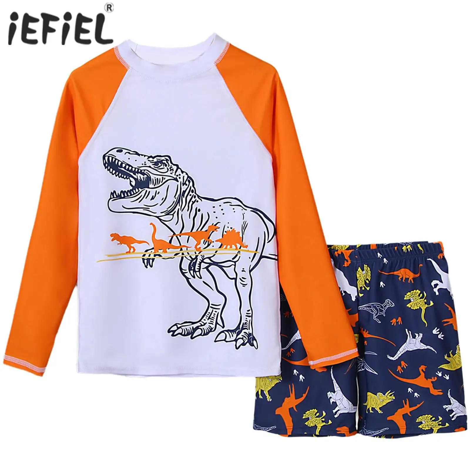 Kids Boys Two-Piece Bathing Suits Coconut Tree/Dinosaur/Geometric Printed Swimsuit Set Swimwear Long Sleeve T-shirt with Shorts