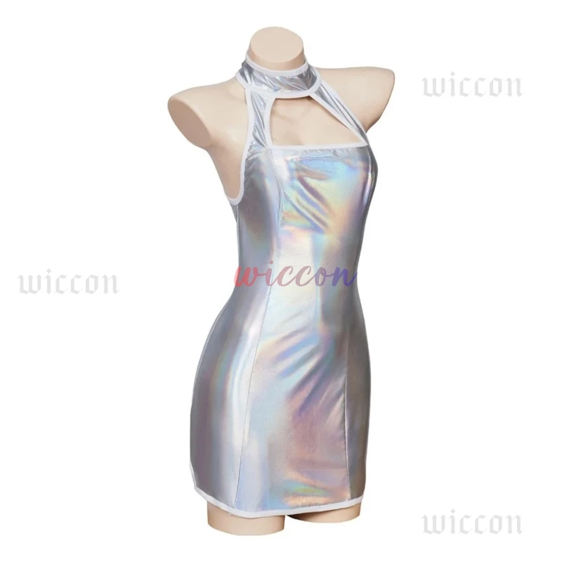 أوستن باورز فانيسا أزياء تنكرية فستان الحمالات فانيسا مثير Strappy الرسن الفضة تمتد فستان قصير أزياء الهالوين