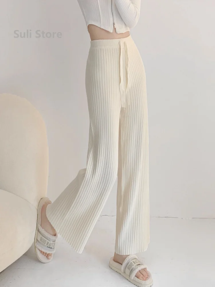 

Idle Style Sunken Stripe Drape Knit Wide Leg Pants Women Spring High Waist Slimming Loose Casual Mopping Trousers 2024 New