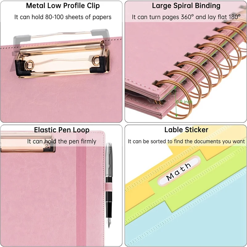 スパイラルクリップボード収納バッグ、収納ジッパー付きオフィス必需品、ブリーフケース、フォルダー、ピンク、5つの分割フォルダー