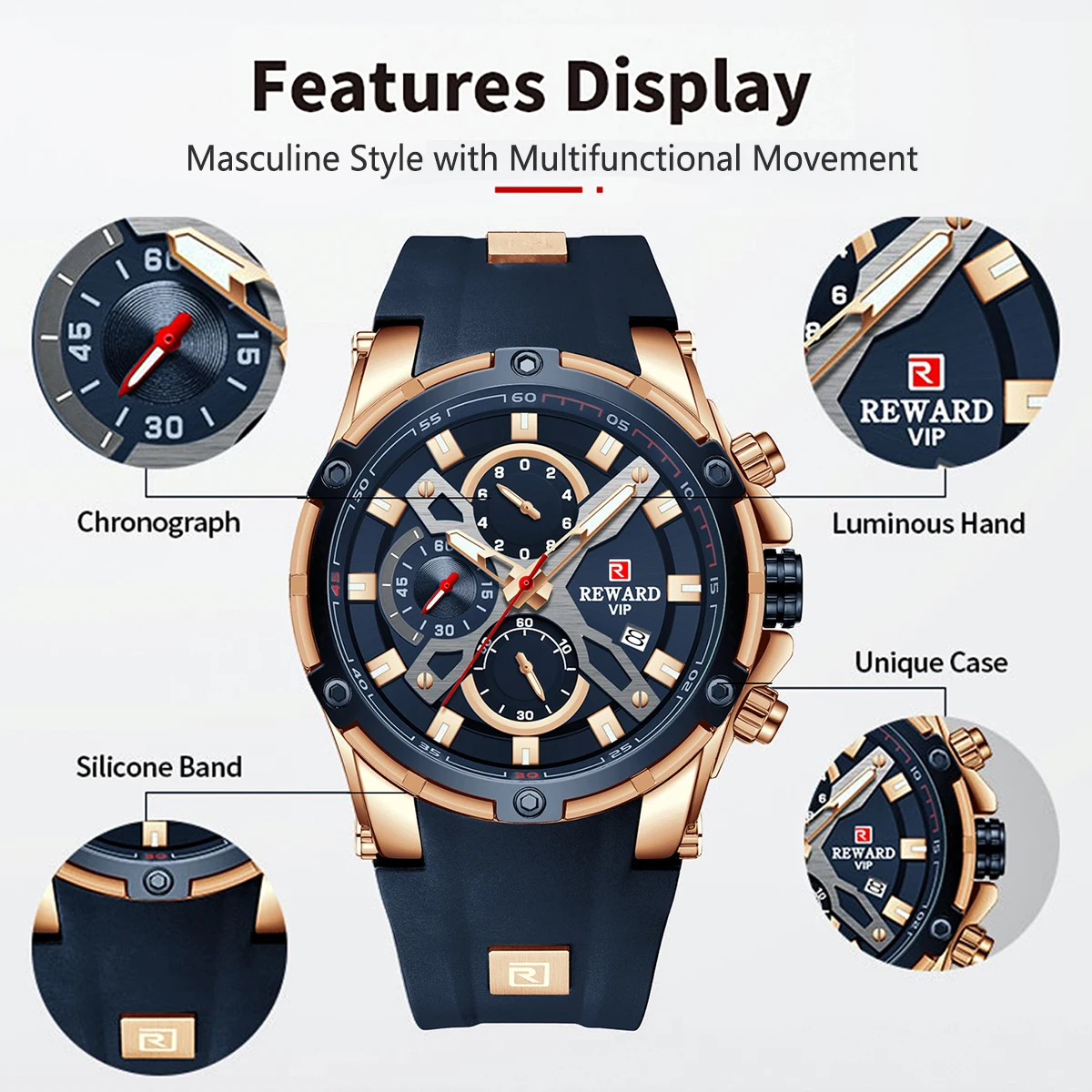REWARD Luxury Sport Men Quartz Watch Man Wristwatch Chronograph Silicone Strap Waterproof Luminous Hands Date Men\'s Watches