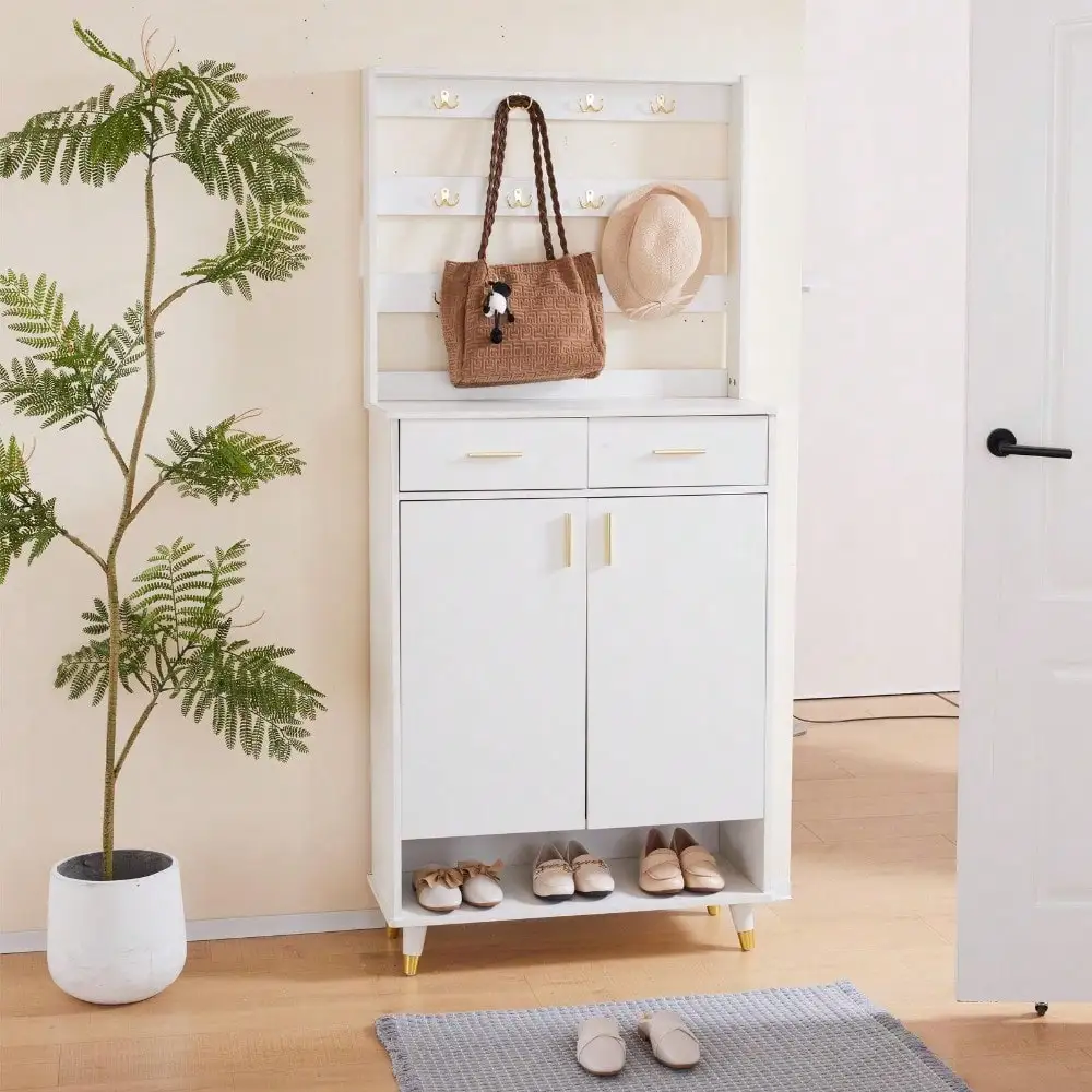 5 Tier Shoe Organizer Hall Tree with 2 Drawers Coat Shelf Rack Entryway White