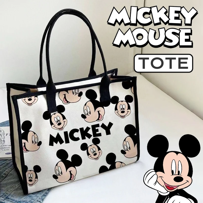 Disney Mickey Mouse Shoulder Bags for Women Fashion Cartoon Canvas Large Capacity Zipper Shopping Totes Female Casual Handbags