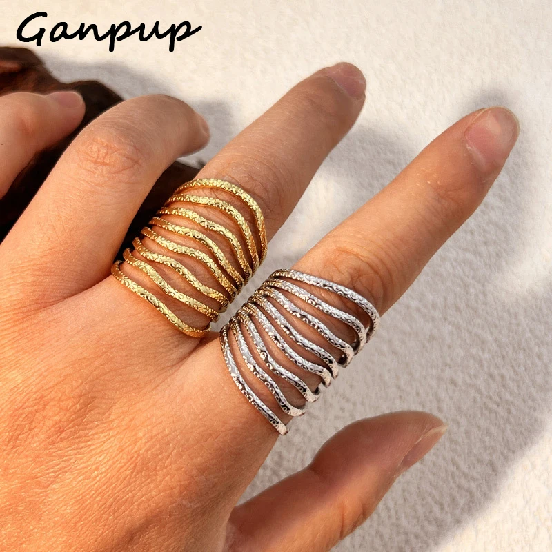 GANPUP 316L Stainless Steel Metal 2-Color Openwork Lines Open Ring for Women New Trendy Waterproof Finger Rings Jewelry Gifts
