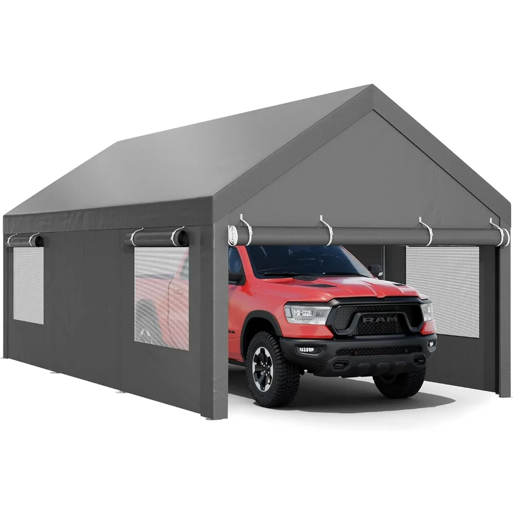 

JY QAQA Carport, 10x20 FT Heavy Duty Carport Reinforced Steel Poles with Removable Sidewalls & Doors,Roll-up Windows Car Canopy