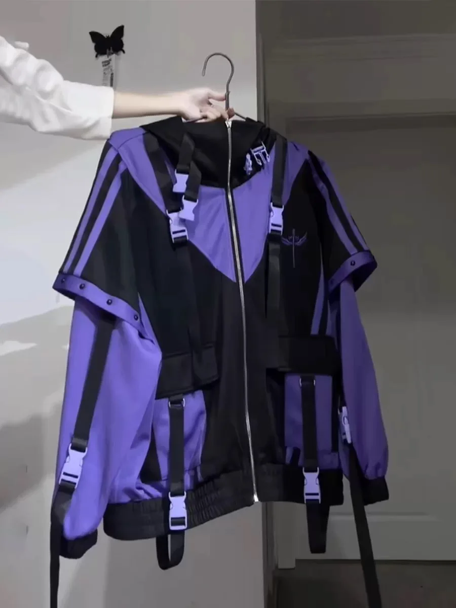 2025 moda japonesa Techwear estilo púrpura chaqueta de retazos mujeres Harajuku Cosplay rompevientos Vintage Y2K abrigo