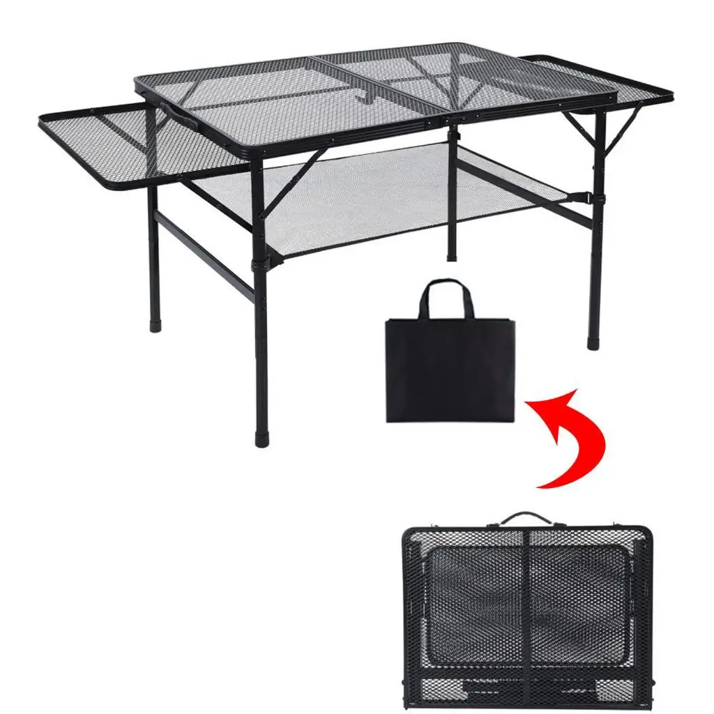 Folding Grill Table,Camping Table Carry Handle with Storage Mesh Desktop Adjustable Height for Backyard,RV,Outdoor,BBQ,Indoor