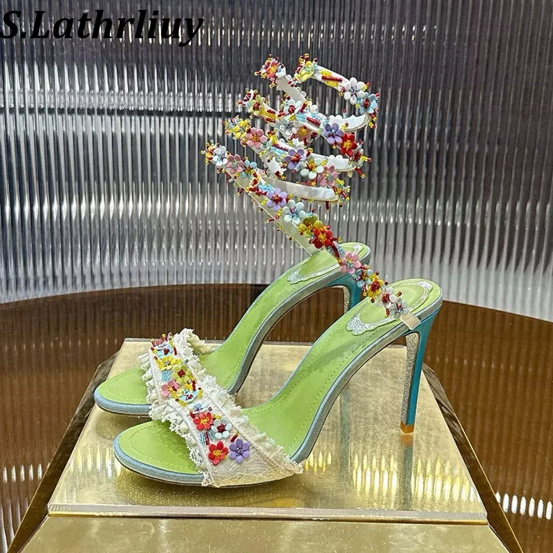 Spring Summer Pointed Toe Lace Flower Decoration Back Strap Pumps Women's Exposed Heel Thin Heel Sandalias Banquet Dress Shoes