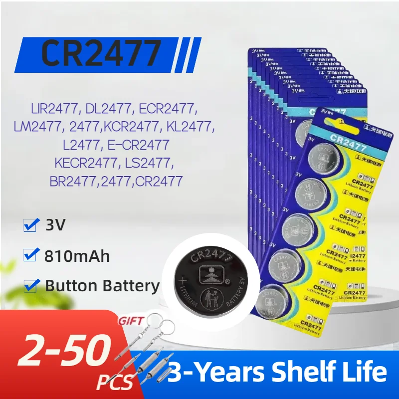 

Pack of 2-50 CR2477 Lithium Button Batteries 3V DL2477 ECR2477 KCR2 Standard Watch Electronic Toys Clock Business Batteries