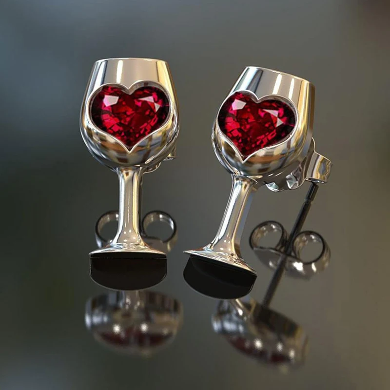 Fashion Personality Red Wine Goblets Love Heart  Stud Earrings Lovely Beer Wine Cup Earrings Party Girl Jewelry Gift