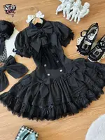 Gothic Lolita Harajuku Subculture Striped Puff Sleeve Bow Lace Mini Dress Women Y2k