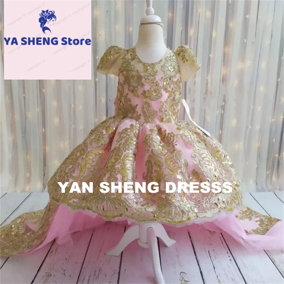 Customized Flower Girl Dresses Pink Tulle Gold Patterned Embroidery With Big Bow And Tailing Short Sleeve For Wedding Birthday B