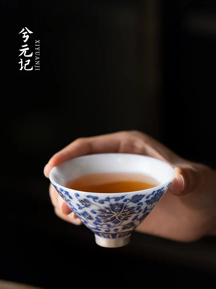 Ice-like Blue and White Interlock Branch Teacup Bamboo-Hat Type Cup Single High-Grade Household Porcelain Set