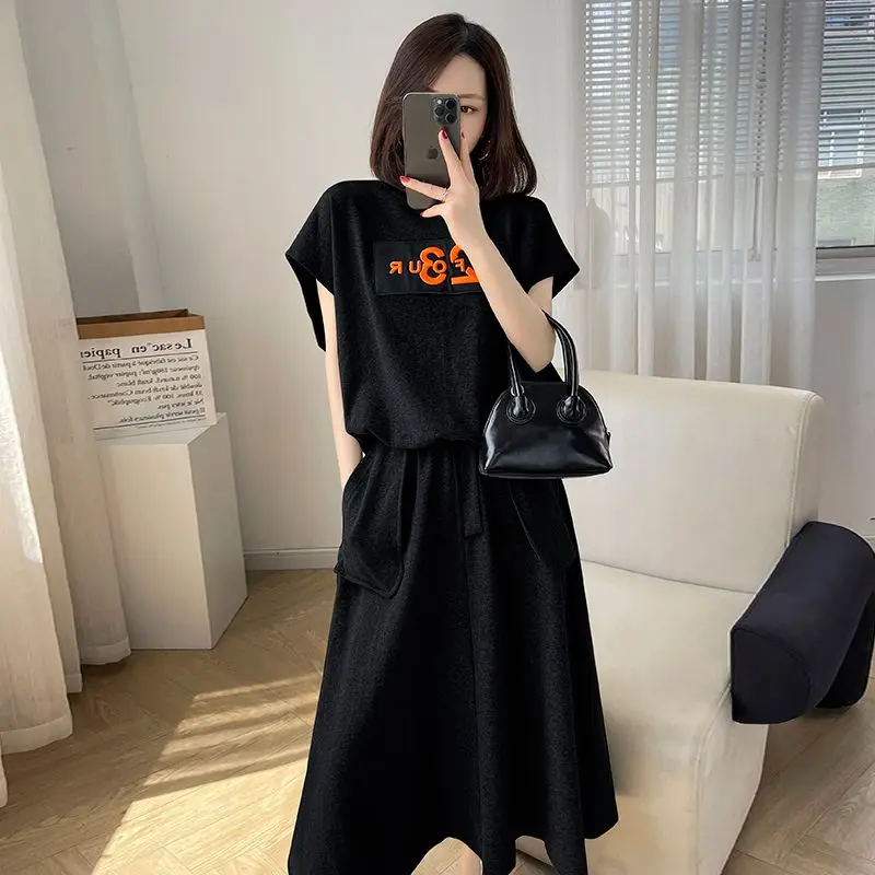 Solid Color Comfortable Casual Two Piece Set Summer Straight Loose Women\'s Clothing Ladies Sleeveless Pullovers A-line Skirt