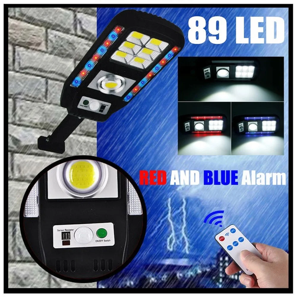 

89LED Solar Street Light With Motion Sensor Outdoor Spotlight Alarm Red And Blue Flashing 4 Modes Waterproof For Garden Lighting