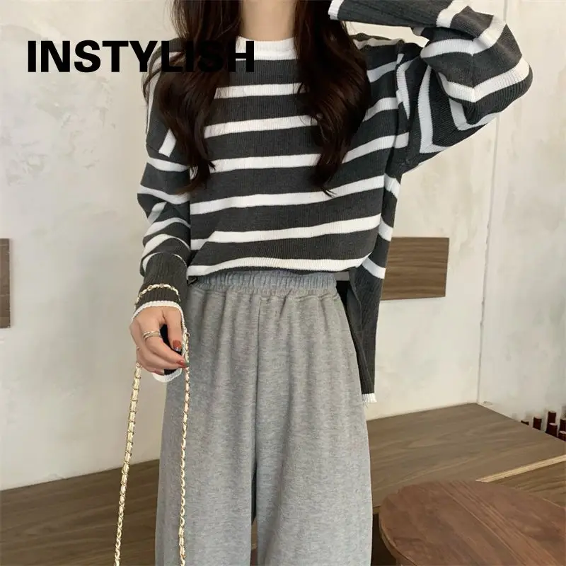 Korean Striped Loose Sweater Women Autumn Winter Elegant Harajuku Knitted Pullover Retro O Neck Oversized Tops Streetwear Jumper