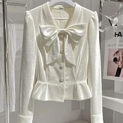 Women Shirt Short White Golden Velvet Shirt Blouse New 2025 Fashion Spring Autumn Single Breasted Casual Bow Shirt Top Female